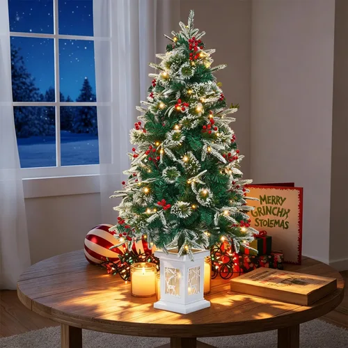 Vista 2 de Árbol de Navidad artificial preiluminado de 3 pies con base vintage en Árbol de abeto de Navidad iluminado con luces LED, funciona con pilas y 8