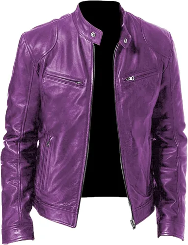 Vista 3 de XQXCL Chaqueta de cuero con cuello alto de otoño e invierno para hombre, chaqueta de piel sintética con cremallera, chaqueta de manga larga