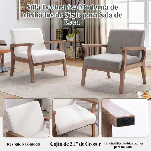 Vista 4 de BESTANO - Silla con acento de estilo moderno de mediados de siglo, con tapizado de lino y marco de madera, silla de acento para sala de estar
