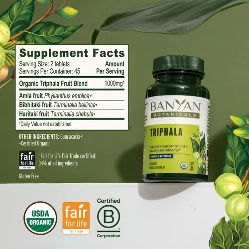 Vista 3 de 90 comprimidos Banyan Botanicals Triphala USDA orgánico, fórmula equilibrada para la desintoxicación y el rejuvenecimiento*