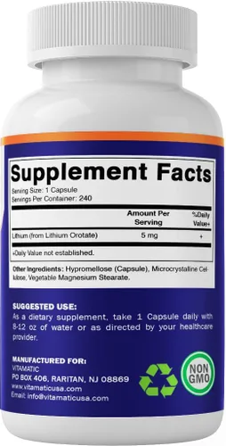 Vista 8 de Vitamatic Orotato de litio de 5 mg, 240 cápsulas vegetales, sin OMG, sin gluten.