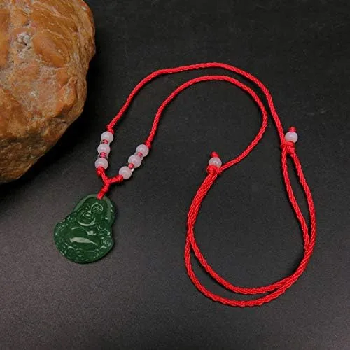 Vista 5 de FORUBUS Collar con colgante de cuerda roja con círculo de Buda de jade verde, amuleto tradicional chino para suerte y protección