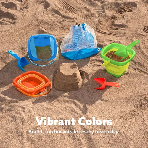 Vista 2 de Sloosh Paquete de 3 juguetes plegables de arena, cubo cuadrado plegable de silicona para playa con 3 palas para jugar en caja de arena, fiesta