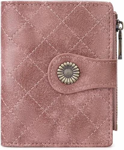 Vista 10 de FALAN MULE Billetera pequeña para mujer, plegable, con bloqueo RFID, portatarjetas de piel con bolsillo con cremallera para monedas Blanco/Marrón