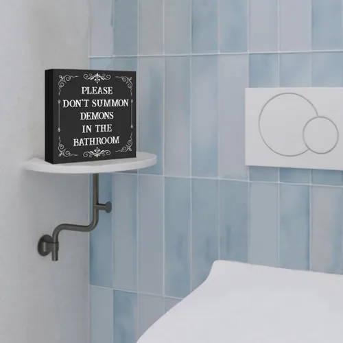 Vista 6 de Divertido letrero gótico para baño, diseño gótico espeluznante con texto en inglés «Please Don't Summon Demons in the Bath», letrero de madera negra