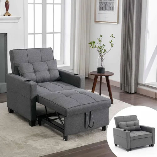 Vista 9 de Silla de cama convertible, sofá cama extraíble con respaldo ajustable, tela de lino, silla convertible con bolsillo lateral para sala de estar