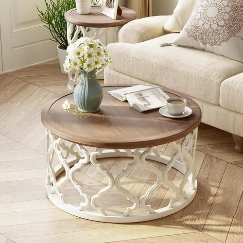 Vista 8 de COZAYH Mesa de centro redonda de granja, bandeja de madera envejecida con base curvada, mesa rústica bohemia para sala de estar, color blanco