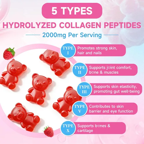 Vista 5 de Paquete de 2 gomitas de péptido de colágeno para mujeres y hombres, proteína de colágeno tipo I, II, III, V, X con biotina vitamina C, D, suplemento