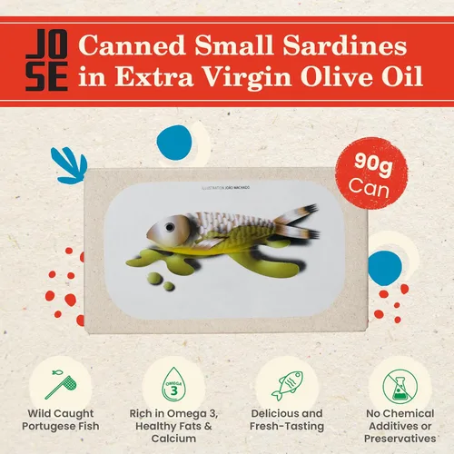 Vista 2 de Sardinas pequeñas enlatadas en aceite de oliva virgen extra por Jose Gourmet, Sardinas portuguesas capturadas en la naturaleza, pescado enlatado