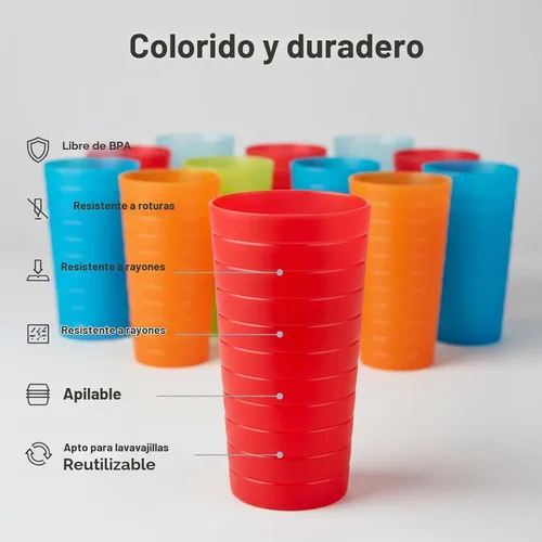 Vista 4 de AOYITE Juego de 12 vasos reutilizables de plástico de 22 onzas, sin BPA Color del arco iris