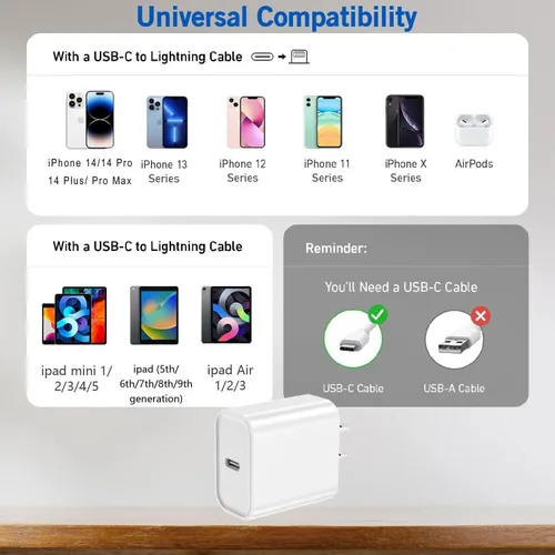 Vista 6 de DelTucci Cargador para iPhone de Carga Rápida, Bloque de Carga USB C de Pared con Enchufe de Viaje y Cable Rápido USB C a Lightning Compatible
