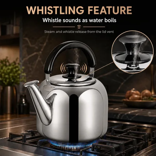 Vista 6 de Hervidor de té silbante, acero inoxidable 316 de grado alimenticio, agua caliente rápida de hervir, hervidor de cocina con mango ergonómico