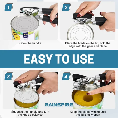 Vista 2 de Rainspire Abrelatas manual mejorado con abridor de botellas corte de borde liso, abrelatas resistente, mango suave cómodo, abrebotellas integrado
