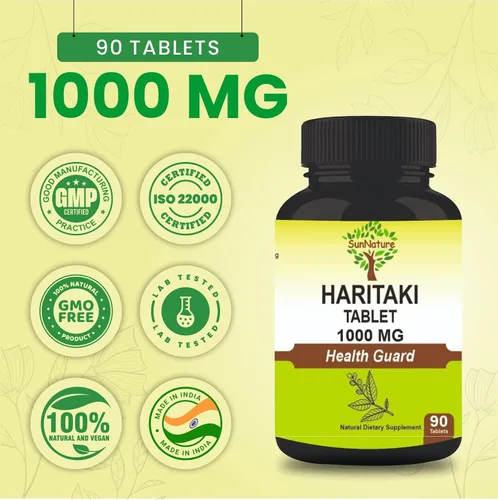 Vista 2 de Haritaki Tablets 90 Tabletas, 1000 mg 45 días de suministro Terminalia chebula Vegano de la India