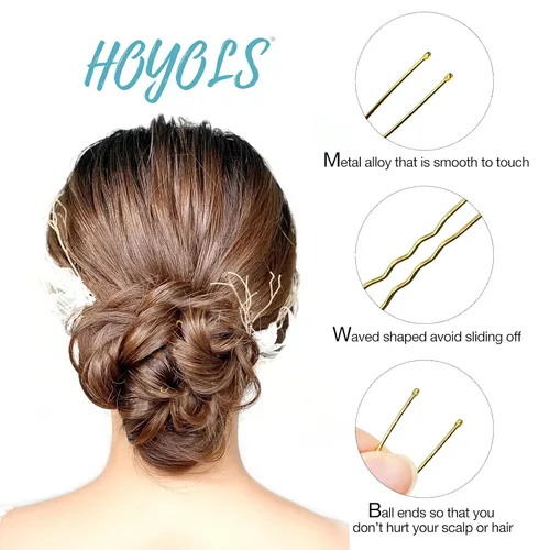 Vista 3 de Hoyols Pinzas en forma de U, pinzas de metal curvadas y onduladas para moño, horquilla para mujeres y niñas, peinados, cabello grueso y fino, 100