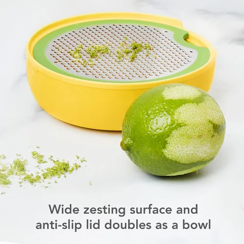 Vista 3 de Tovolo Juego de exprimidor de cítricos y rallador todo en uno, blanco y amarillo – Exprimidor manual con taza de medición, dos recolectores, libre