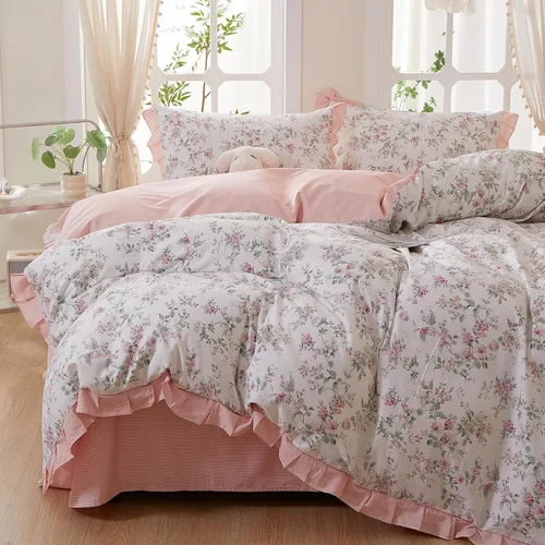 Vista 23 de Juego de funda de edredón blanca con estampado floral azul, juego de ropa de cama de algodón suave estilo bohemio, juego de ropa de cama estética