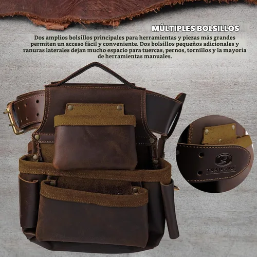 Vista 7 de Trailside - Cinturón de herramientas de cuero genuino para hombres, bolsa para martillos, carpinteros, electricistas, techos, construcción, súper