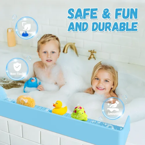 Vista 5 de Protector contra salpicaduras para bañera para niños, protector contra salpicaduras de bañera de silicona con 11 ventosas, estante de juego