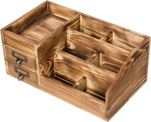 Vista 2 de Liry Products Organizador de escritorio de madera rústica, suministros de oficina, gabinete de almacenamiento de mesa marrón, estante escalonado