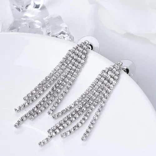Vista 4 de SELOVO - Aretes colgantes de fleco de candelabro con cristales austriacos transparentes