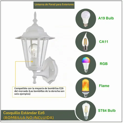 Vista 4 de WISBEAM Farol de pared para exteriores, aplique de pared como accesorio de iluminación de porche, base E26 de 60 W máximo, carcasa de metal más