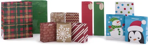 Vista 9 de Hallmark - Juego de bolsas de regalo pequeñas de 6 pulgadas para fiestas (paquete de 5; rojo, blanco y kraft) Copos de nieve, rayas, Feliz (5XGB1798)