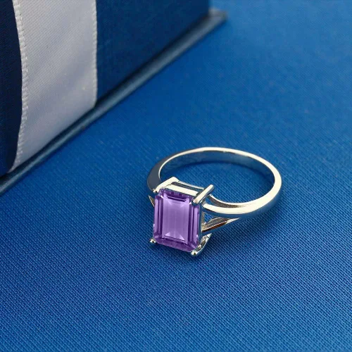 Vista 70 de Gem Stone King Anillo de compromiso solitario con diseño clásico de vástago dividido para mujer, plata de ley 925, piedra natal de piedra preciosa