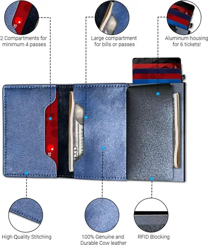 Vista 2 de STM Leaders Tarjetero delgado billetera con bloqueo RFID, cartera de cuero automática desplegable triple cartera de aluminio cartera de visita