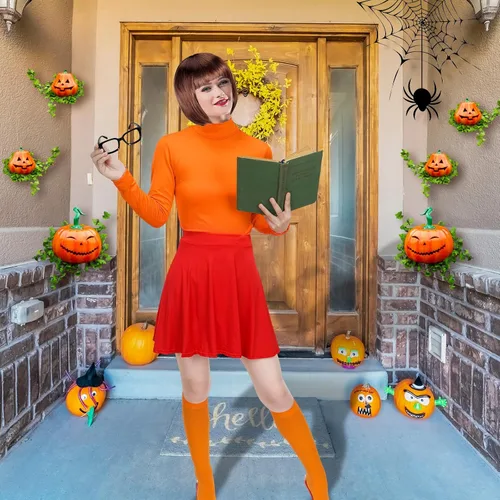 Vista 2 de Hercicy Disfraz naranja de Halloween para adultos, peluca estilo Bob, cuello alto, falda patinadora, gafas y calcetines para mujer, cosplay