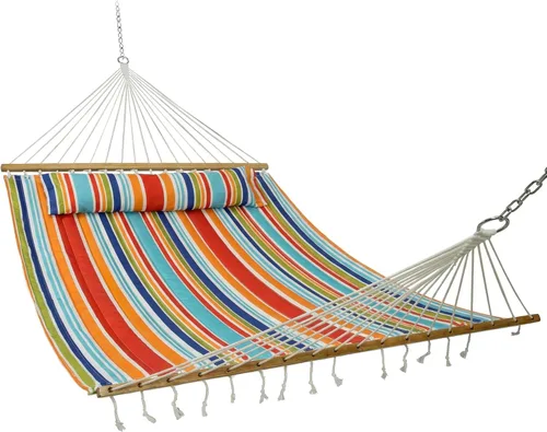 Vista 16 de Sunnydaze - Hamaca doble acolchada para exterior con almohada, toldo a Awning Stripe