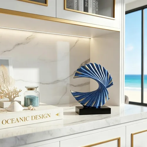 Vista 3 de Escultura de onda de oro azul, detalles modernos de olas oceánicas, estatua de arte de resina para estante, mesa de café, soporte de TV, adornos