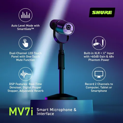 Vista 3 de Shure Micrófono inteligente MV7i USB-C con interfaz incorporada