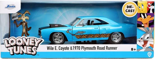 Vista 2 de Jada Looney Tunes 1:24 1970 Plymouth Roadrunner - Coche fundido a presión y figura de Wile E. Coyote de 2.75 pulgadas, juguetes para niños y adultos