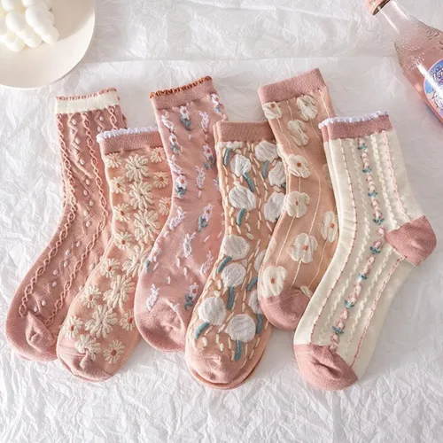 Vista 19 de Juego de 6 pares de calcetines de algodón transpirables de punto floral para mujeres y niñas