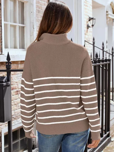 Vista 3 de LILLUSORY Suéter de punto con cuello de rayas con cremallera de un cuarto para mujer, ropa cálida de punto para invierno 2023 a la moda