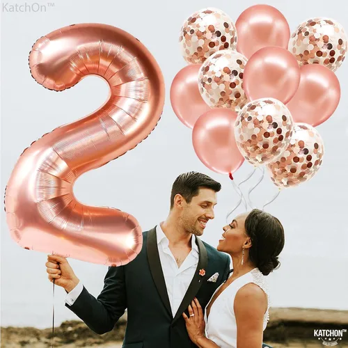 Vista 5 de Globo de número (0 a 9) color oro rosa con globos de confeti
