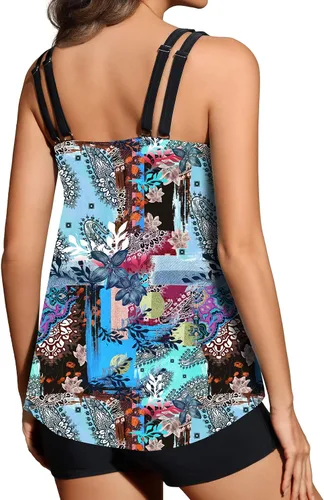 Vista 3 de REKITA Trajes de baño tankini fluidos para mujer, trajes de baño tankini para traje de baño de dos piezas, camiseta sin mangas con pantalones cortos
