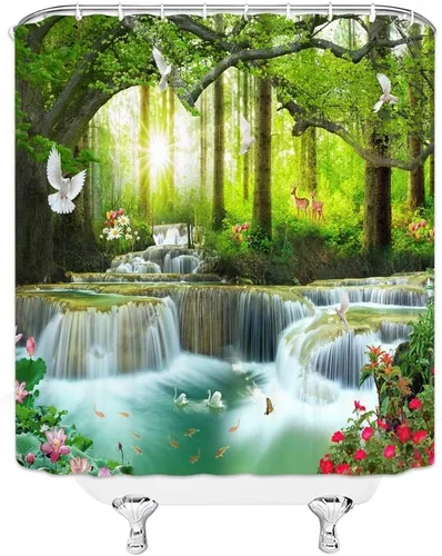 Vista 2 de Cortina de ducha con diseño de cascada, naturaleza, bosque, árbol, animales salvajes, ciervos, pájaros, flores, mariposa, amanecer, verano, paisaje