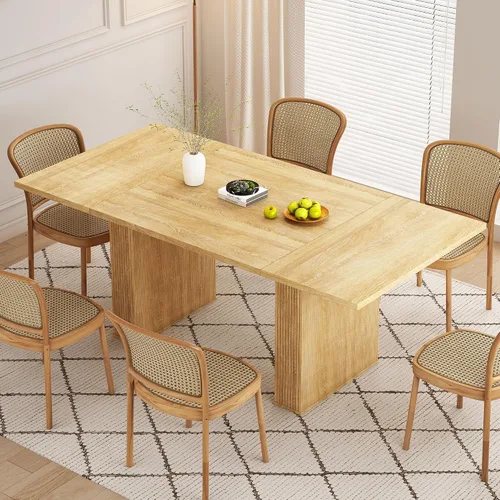 Vista 10 de Mesa de comedor rectangular de 198 cm para 6 a 10 personas, mesa de cocina estilo granja con estrías, mesa larga de madera moderna para cocina