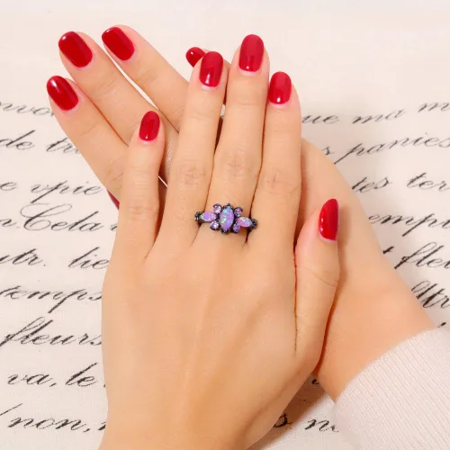 Vista 3 de CiNily Anillo de ópalo púrpura y amatista chapado en oro negro para mujeres y mujeres