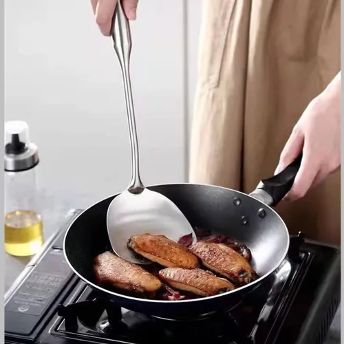 Vista 2 de Espátula sólida de acero inoxidable para servir utensilios de cocina para huevo, pescado filete a prueba de calor, mango hueco fácil de limpiar