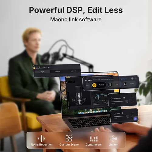 Vista 4 de MAONO A04 Gen2 & MH601 Podcast Microphone with Studio Headphone Bundle USB/XLR Condenser 192kHz/24Bit Cardioid Metal Mic with Software Pro Sound