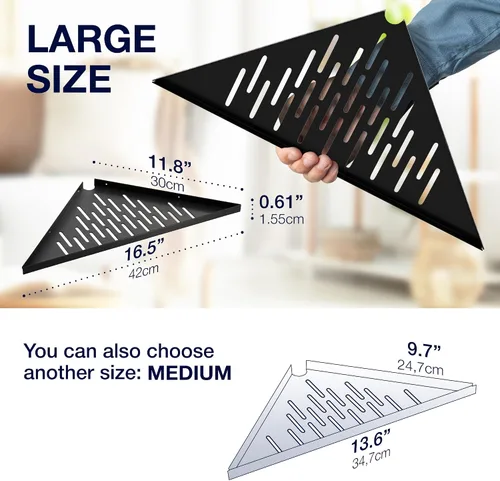 Vista 2 de Estantes esquineros de baño para ducha, adhesivo, palo, taladro, sin taladro, estante esquinero flotante negro fuerte de 16 pulgadas para pared