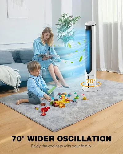 Vista 6 de ARLIME Enfriador de aire evaporativo, ventilador de torre oscilante con control remoto, oscilación de 70°, 3 velocidades y temporizador de 9 horas