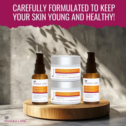 Vista 5 de Manuka Lane Régimen completo de cuidado de la piel con vitamina C Incluye (1) crema de día, (1) crema de noche, (1) suero facial, (1) ojo