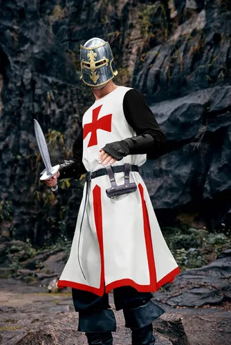 Vista 4 de Túnica medieval para hombre, disfraz de caballeros templarios de los cruzados, renacentista, Halloween, guerrero, capa negra de la peste negra