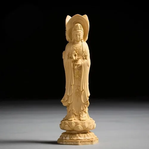 Vista 5 de Estatua china de Nanhai Quan Yin Feng Shui, tallado a mano boj tres lados Kuan Yin Buddha estatua decoración de oficina en casa, escultura femenina
