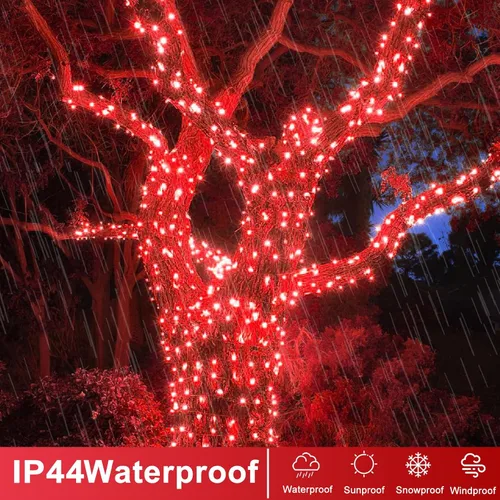 Vista 3 de Guirnalda de 120 luces LED rojas impermeables para exteriores, luces de Navidad rojas de 40 pies, 8 modos, cable transparente, guirnalda de luces