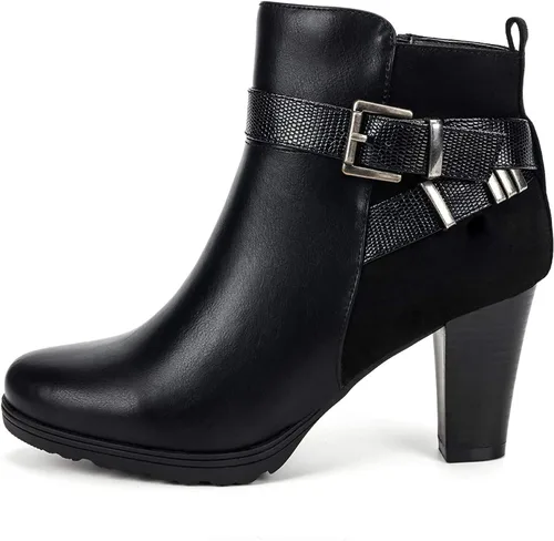 Vista 3 de mysoft - Botines de mujer con cremallera, tacón grueso apilado, botas de tobillo con hebilla y correa en el tobillo Negro (Buckle)